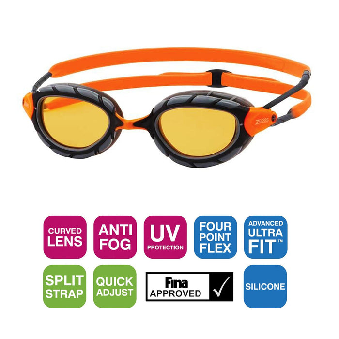 Schwimmbrille Predator Flex Titan Grau-Schwarz Verspiegelte-Orange Linsen Standard Zoggs 461054GYBKMO