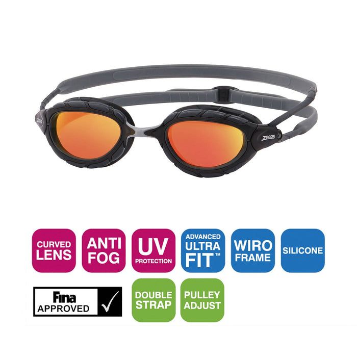 Schwimmbrille Predator Titan Grau-Schwarz Verspiegelte-Orange Linsen Standard Zoggs 461065GYBKMORR