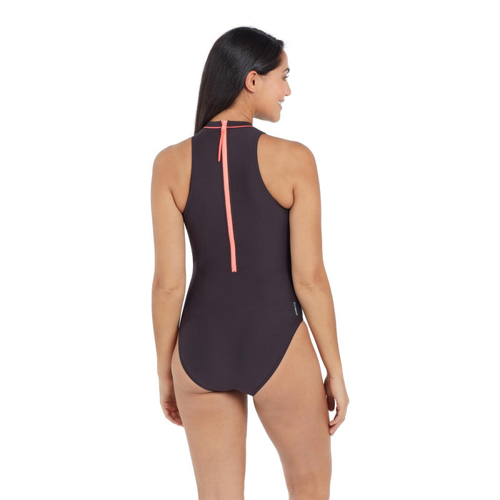 Einteiliger Badeanzug mit Reißverschluss Hoher Hals Damen Schwarz Größe 38-L Zoggs 462554BK38