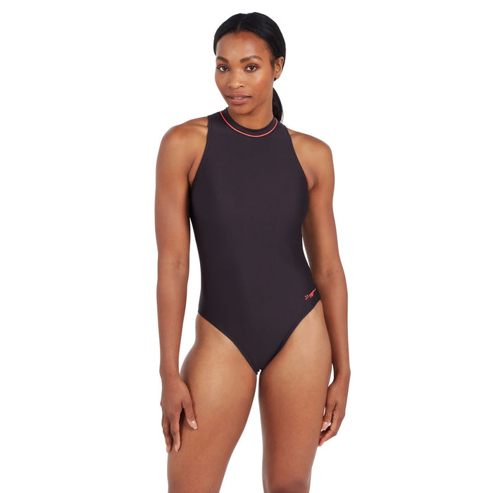 Einteiliger Badeanzug mit Reißverschluss Hoher Hals Damen Schwarz Größe 40-XL Zoggs 462554BK40