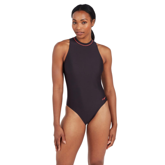 Einteiliger Badeanzug mit Reißverschluss Hoher Hals Damen Schwarz Größe 42-XXL Zoggs 462554BK42