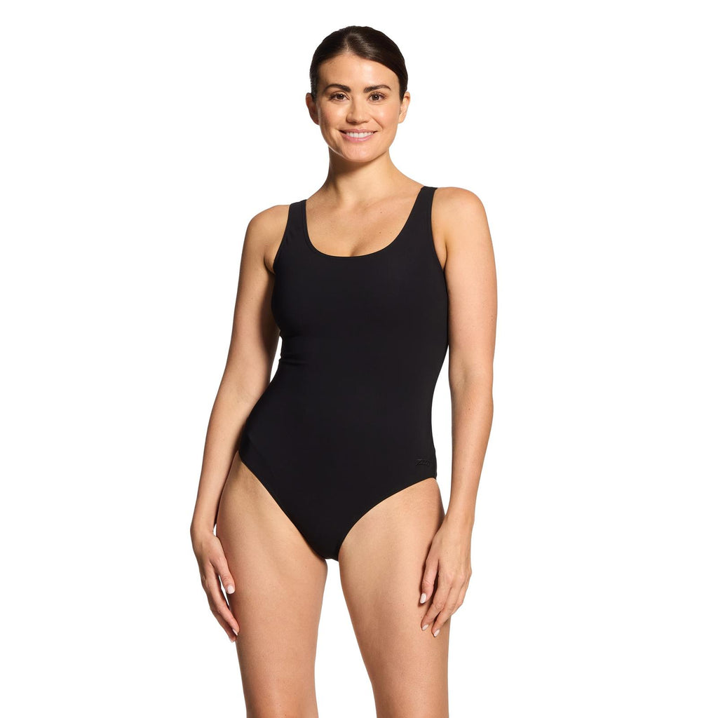Ein Stück Badeanzug Scoopback Silber Rand Schwarz Größe 42-XXL Zoggs 462577BK42