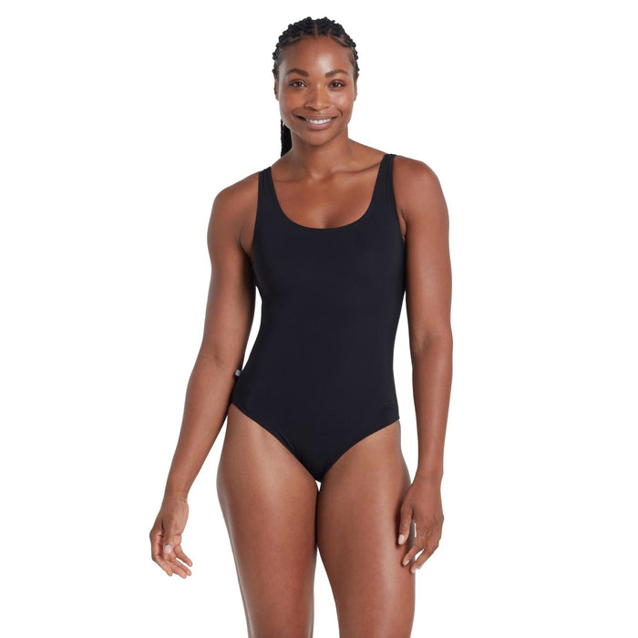 Ein Stück Badeanzug Scoopback Silber Rand Schwarz Größe 42-XXL Zoggs 462577BK42