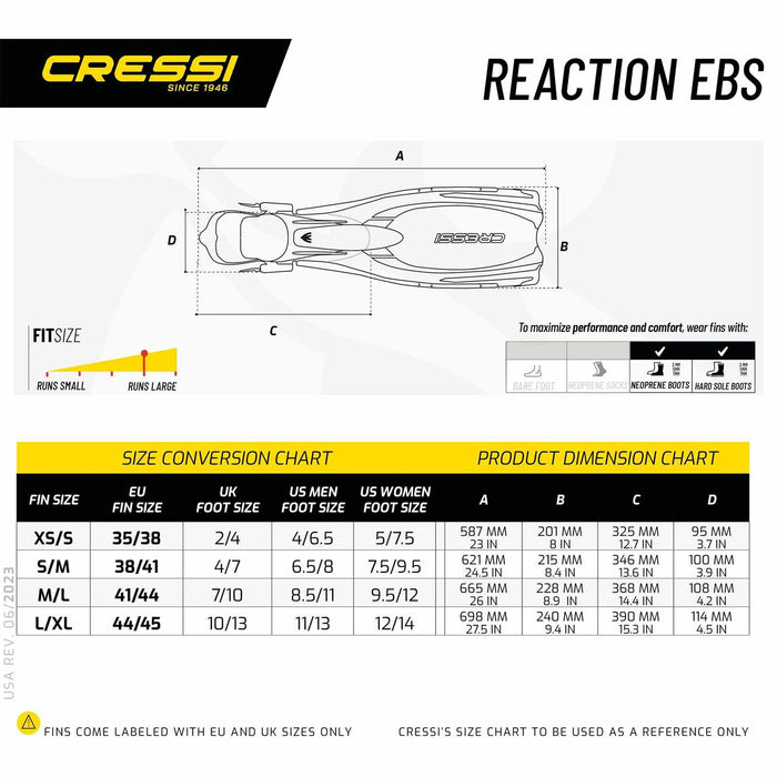 Diving Fins Reaction Ebs Yellow-Silver XS-S-EU 36-39-UK 2-4 Cressi BE091038