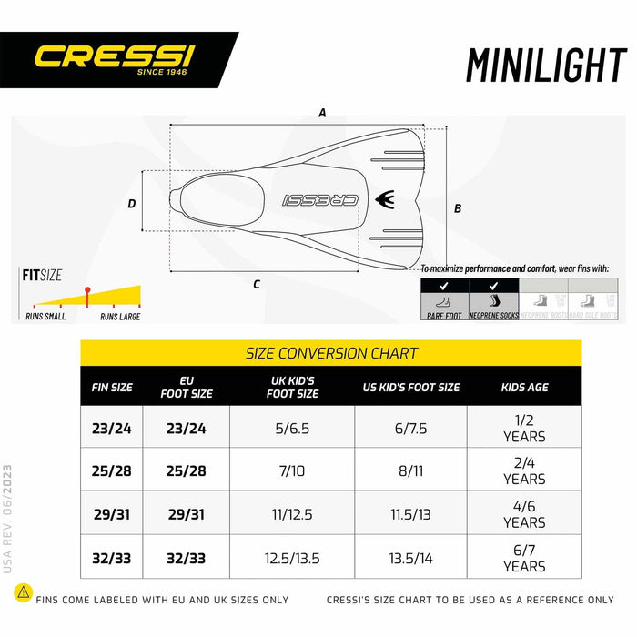 FINSY DO SNORKELINGU I PŁYWANIA Light Kids Żółte EU 32-33-UK 12,5-13,5 Cressi DP301032